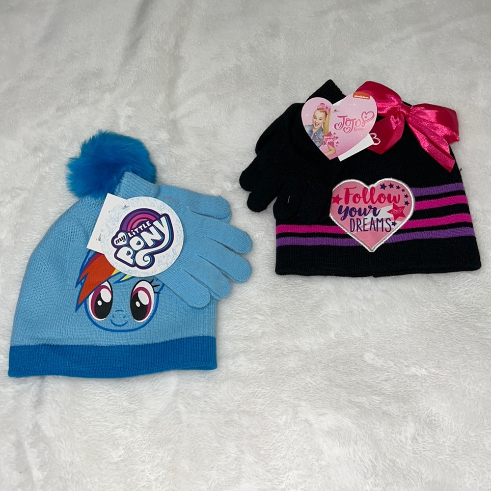 Set of 2, My little Pony and Jojo beanie hat and glove sets